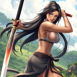 An 18-year-old Brazilian female swordsman, exuding an enchanting and confident aura