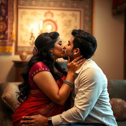 an intimate yet tasteful moment capturing a romantic kiss between an elegant Indian woman with a voluptuous figure and a young, attractive man