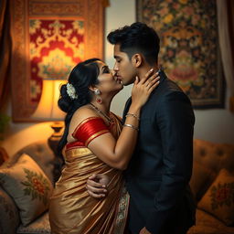 an intimate yet tasteful moment capturing a romantic kiss between an elegant Indian woman with a voluptuous figure and a young, attractive man