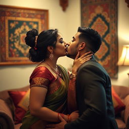 an intimate yet tasteful moment capturing a romantic kiss between an elegant Indian woman with a voluptuous figure and a young, attractive man