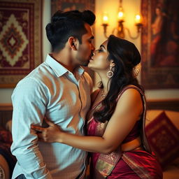 an intimate yet tasteful moment capturing a romantic kiss between an elegant Indian woman with a voluptuous figure and a young, attractive man