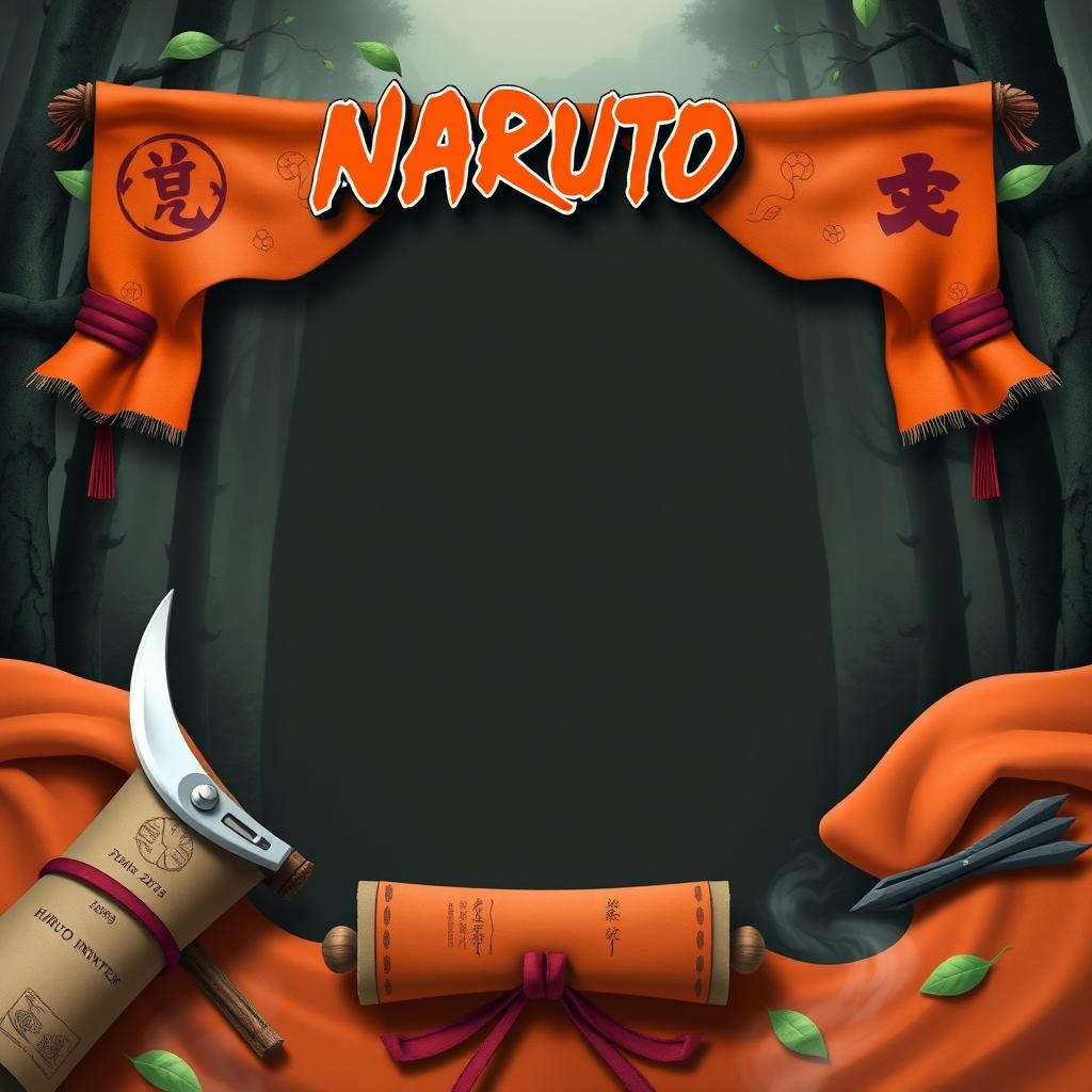 A realistic invitation design inspired by the Naruto series, featuring iconic elements like the Konoha Village symbol, ninja kunai, and scrolls, but without any text