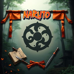 A realistic invitation design inspired by the Naruto series, featuring iconic elements like the Konoha Village symbol, ninja kunai, and scrolls, but without any text