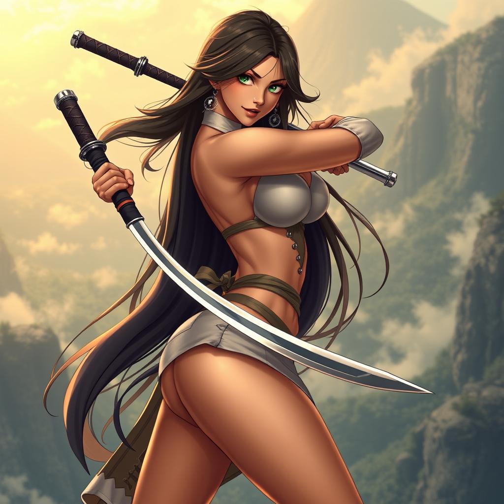 An 18-year-old Brazilian female swordsman, radiating elegance and strength