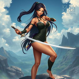 An 18-year-old Brazilian female swordsman, radiating elegance and strength