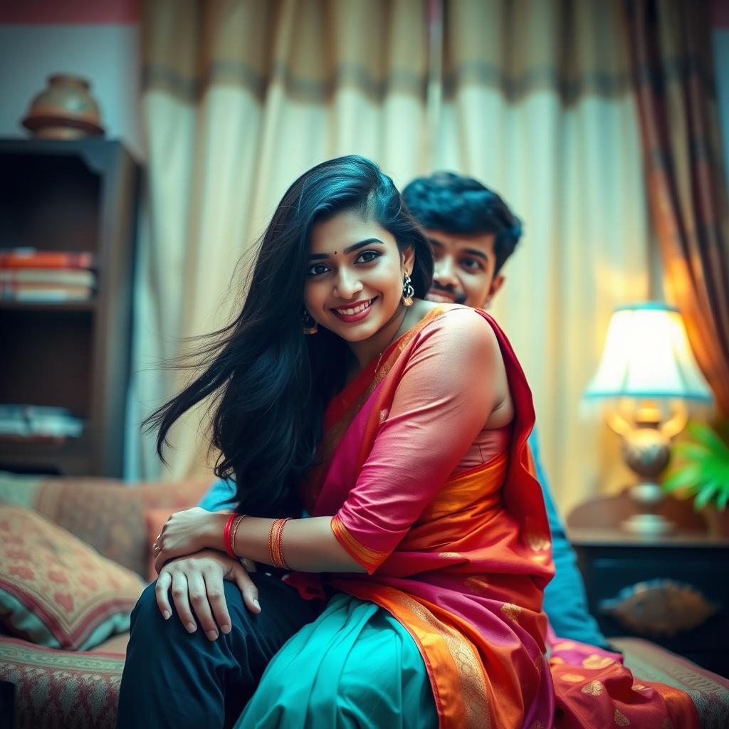 An Indian woman with long flowing dark hair, wearing a vibrant traditional saree, delicately draped, sits on the lap of a young man