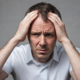 A man with his hands on his head, appearing frustrated or in deep thought.