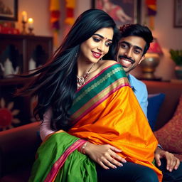 An Indian woman with long flowing dark hair, wearing a vibrant traditional saree, delicately draped, sits on the lap of a young man