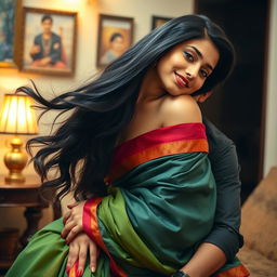 An Indian woman with long flowing dark hair, wearing a vibrant traditional saree, delicately draped, sits on the lap of a young man