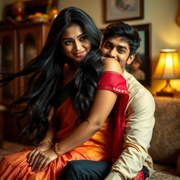 An Indian woman with long flowing dark hair, wearing a vibrant traditional saree, delicately draped, sits on the lap of a young man