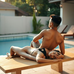 A 19-year-old Indonesian man with an athletic body applying lotion to the back of his older sister, who is wearing a bikini and sleeping on her stomach on a bench by the swimming pool behind the house in the afternoon