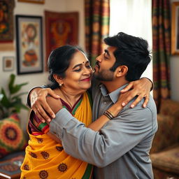 A tender and affectionate moment between an Indian mother and her adult son