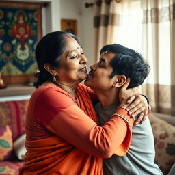 A tender and affectionate moment between an Indian mother and her adult son