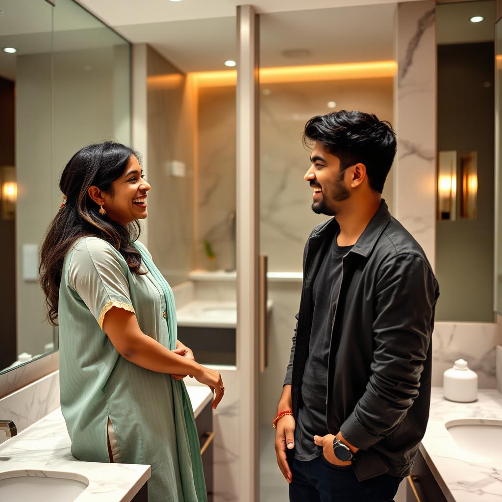 An Indian woman in her mid-30s sharing a playful moment with a young man in a bathroom, both standing near the mirror