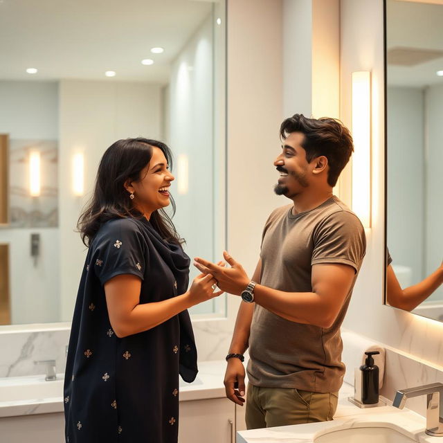 An Indian woman in her mid-30s sharing a playful moment with a young man in a bathroom, both standing near the mirror