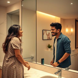 An Indian woman in her mid-30s sharing a playful moment with a young man in a bathroom, both standing near the mirror