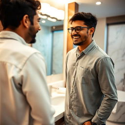 An Indian woman in her mid-30s sharing a playful moment with a young man in a bathroom, both standing near the mirror