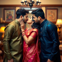 A beautiful Indian woman in traditional attire romantically kissing two handsome Indian men