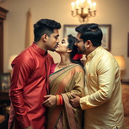 A beautiful Indian woman in traditional attire romantically kissing two handsome Indian men