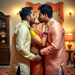 A beautiful Indian woman in traditional attire romantically kissing two handsome Indian men