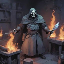 A comic-style illustration of a ghostly necromancer blacksmith in an RPG setting, surrounded by spectral tools and enchanted flames.