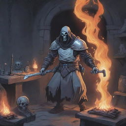 A comic-style illustration of a ghostly necromancer blacksmith in an RPG setting, surrounded by spectral tools and enchanted flames.