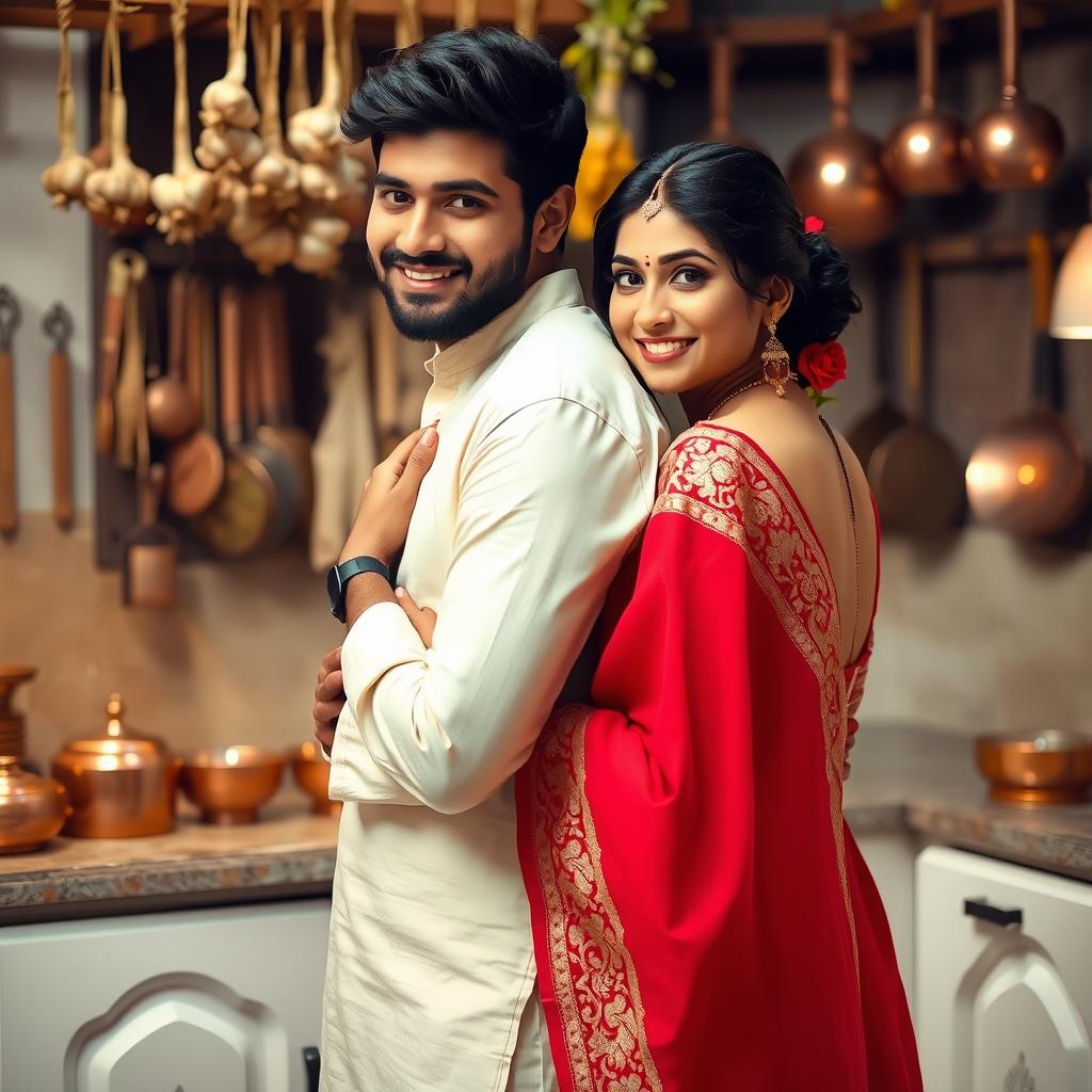 An intimate scene in an Indian kitchen setting with a handsome Desi Indian man and a beautiful Indian woman