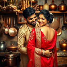 An intimate scene in an Indian kitchen setting with a handsome Desi Indian man and a beautiful Indian woman