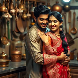 An intimate scene in an Indian kitchen setting with a handsome Desi Indian man and a beautiful Indian woman