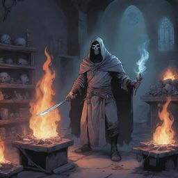 A comic-style illustration of a ghostly necromancer blacksmith in an RPG setting, surrounded by spectral tools and enchanted flames.