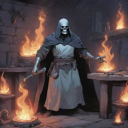 A comic-style illustration of a ghostly necromancer blacksmith in an RPG setting, surrounded by spectral tools and enchanted flames.