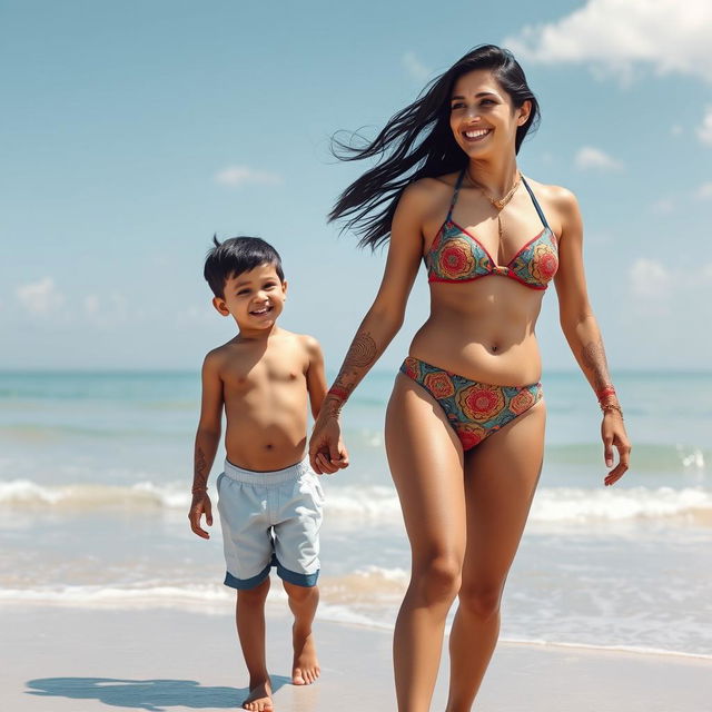 An Indian mother and her young son on a serene beach