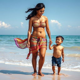 An Indian mother and her young son on a serene beach