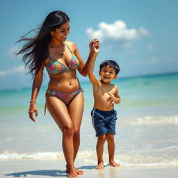 An Indian mother and her young son on a serene beach