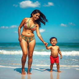 An Indian mother and her young son on a serene beach