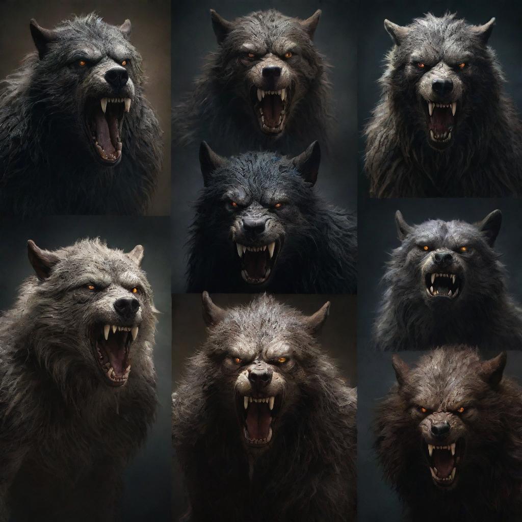 Seven distinct werewolves in various forms, capturing their savage beauty and fearsome nature