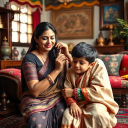 A beautiful depiction of a mother and son from an Indian cultural background, sharing a warm and loving moment