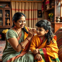 A beautiful depiction of a mother and son from an Indian cultural background, sharing a warm and loving moment