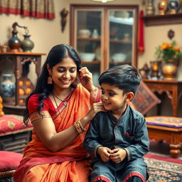 A beautiful depiction of a mother and son from an Indian cultural background, sharing a warm and loving moment