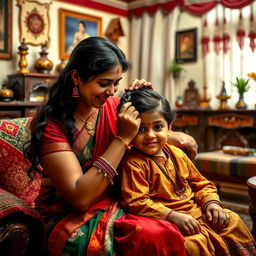 A beautiful depiction of a mother and son from an Indian cultural background, sharing a warm and loving moment