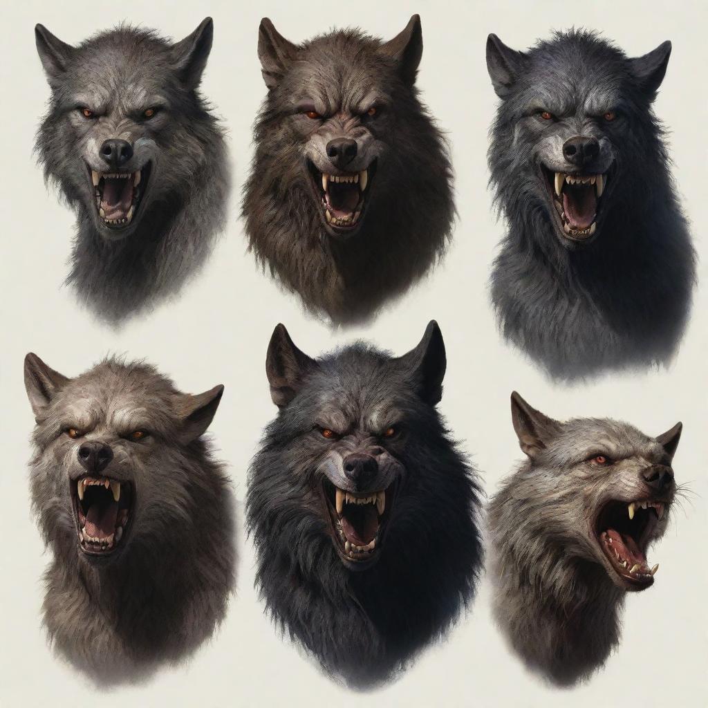 Seven distinct werewolves in various forms, capturing their savage beauty and fearsome nature