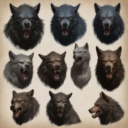 Seven distinct werewolves in various forms, capturing their savage beauty and fearsome nature