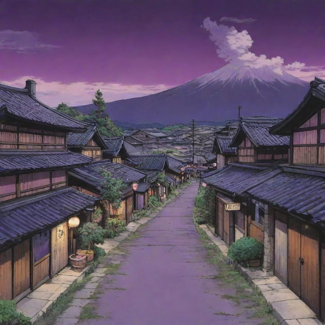 A 90's shonen anime style art of a rustic Japanese town with futuristic touches. The scenery is dominated by a imaginative purple sky and each element is outlined in black, akin to Dragon Ball aesthetics.