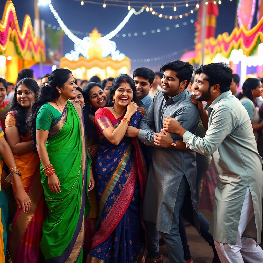 An energetic and lively scene set in an Indian cultural festival, where a group of friends is playfully jostling and bumping into each other