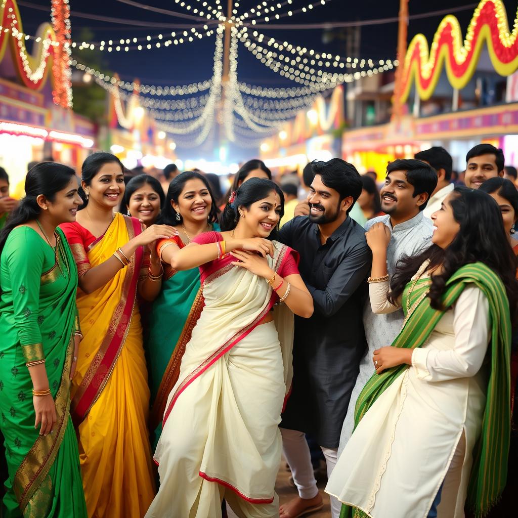 An energetic and lively scene set in an Indian cultural festival, where a group of friends is playfully jostling and bumping into each other