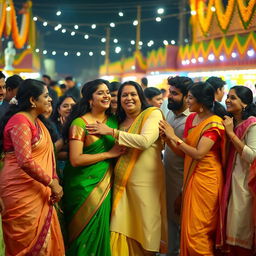 An energetic and lively scene set in an Indian cultural festival, where a group of friends is playfully jostling and bumping into each other