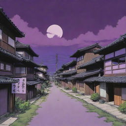 A 90's shonen anime style art of a rustic Japanese town with futuristic touches. The scenery is dominated by a imaginative purple sky and each element is outlined in black, akin to Dragon Ball aesthetics.