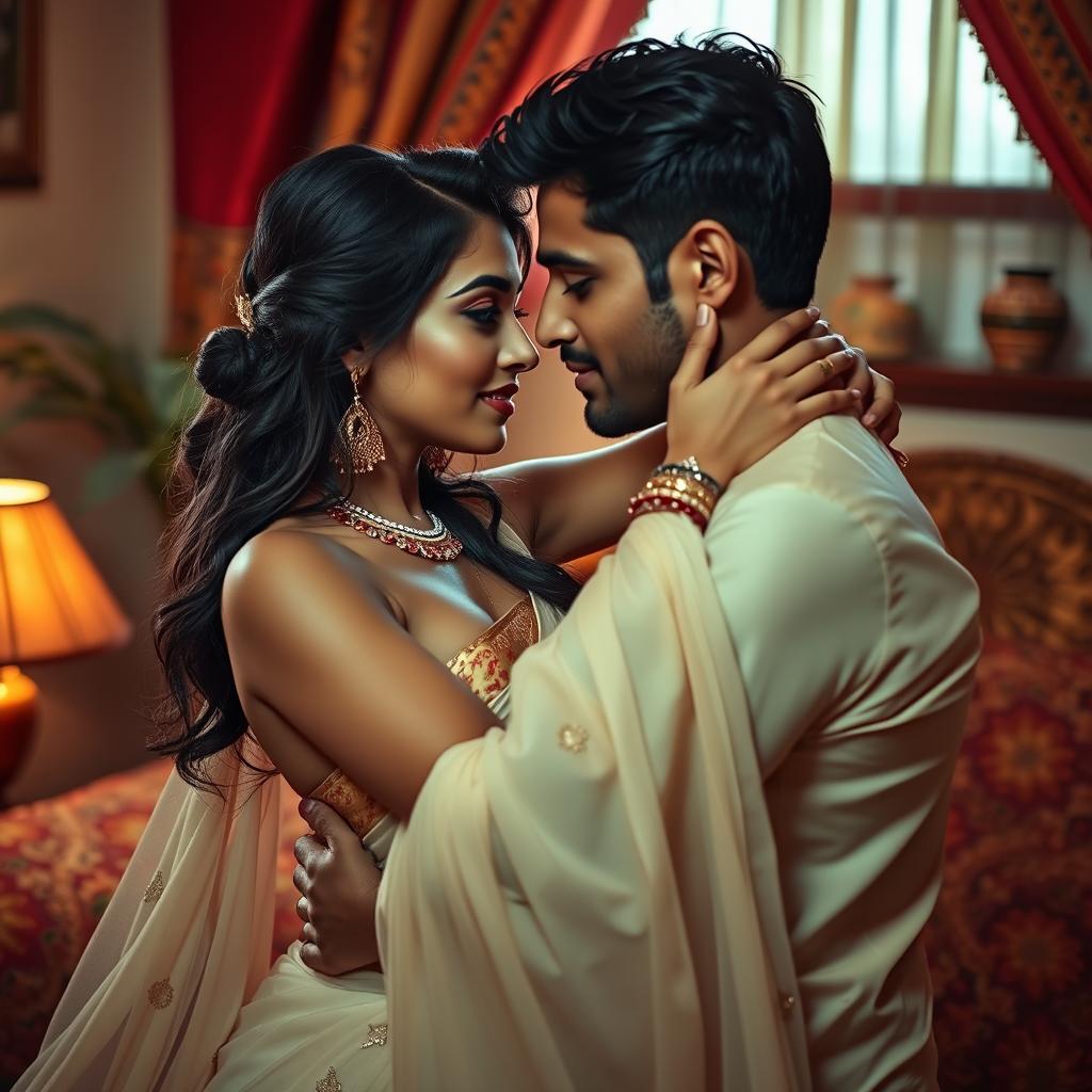 A sensual scene depicting an Indian woman in an intimate moment with a young man, emphasizing the beauty and passion of their connection