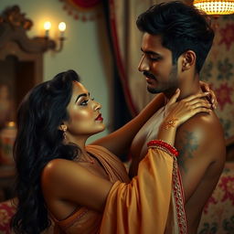 A sensual scene depicting an Indian woman in an intimate moment with a young man, emphasizing the beauty and passion of their connection