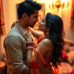 A sensual scene depicting an Indian woman in an intimate moment with a young man, emphasizing the beauty and passion of their connection